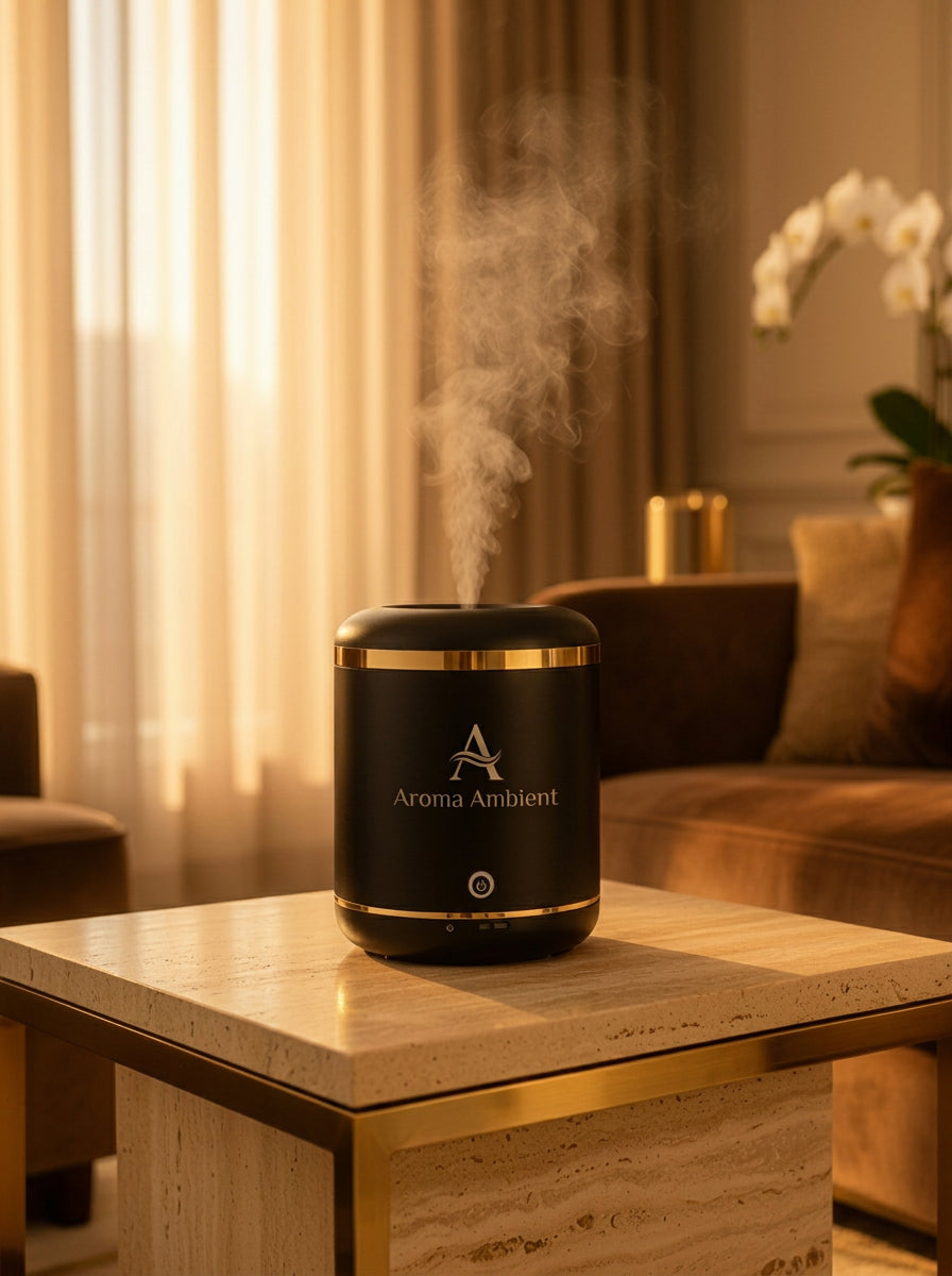 Aroma Ambient cold-air diffuser releasing dry mist in a luxury living room